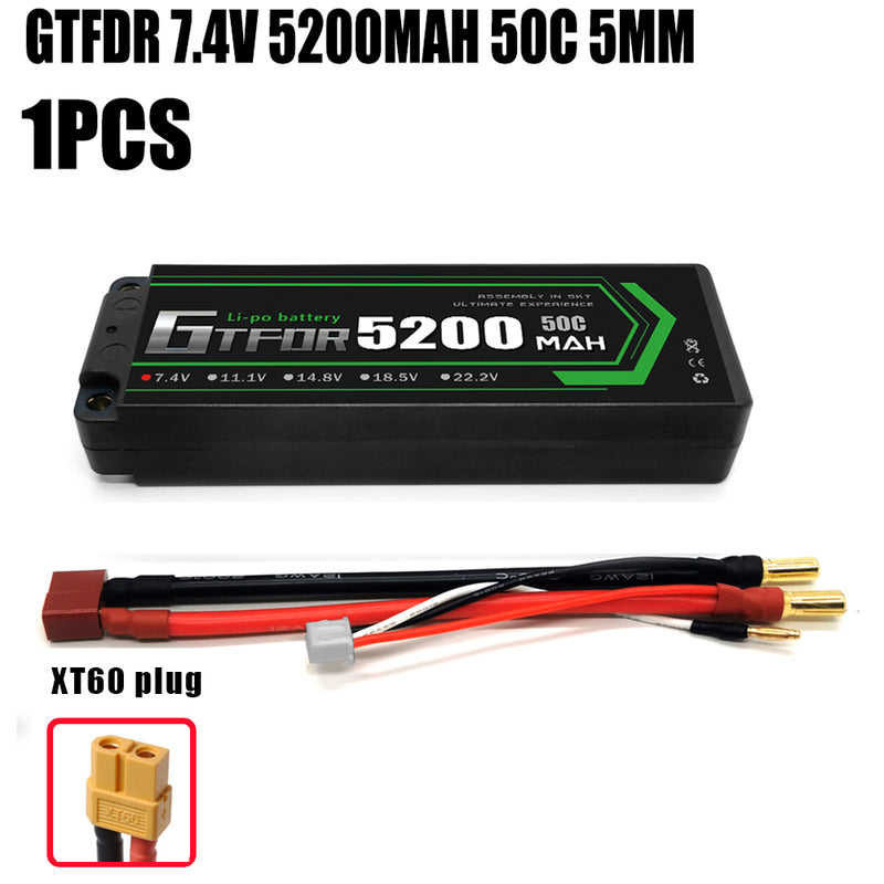 (CN) GTFDR 2S 7.4V Lipo Battery 50C 5200mAh with 5mm Bullet for RC 1/10 1/8 Vehicles Car Truck Tank Truggy Competition Racing Hobby