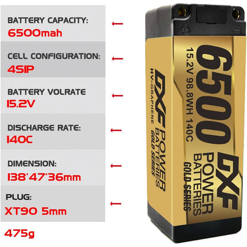 (IT)DXF Lipo Battery 4S 15.2V 6500MAH 140C GoldSeries  LCG 5MM Graphene lipo Hardcase with EC5 and XT90 Plug for Rc 1/8 1/10 Buggy Truck Car Off-Road Drone