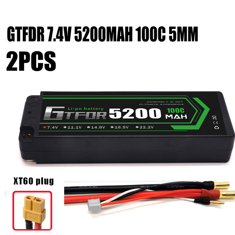 (CN) GTFDR 2S 7.4V Lipo Battery 100C 5200mAh with 5mm Bullet for RC 1/10 1/8 Vehicles Car Truck Tank Truggy Competition Racing Hobby