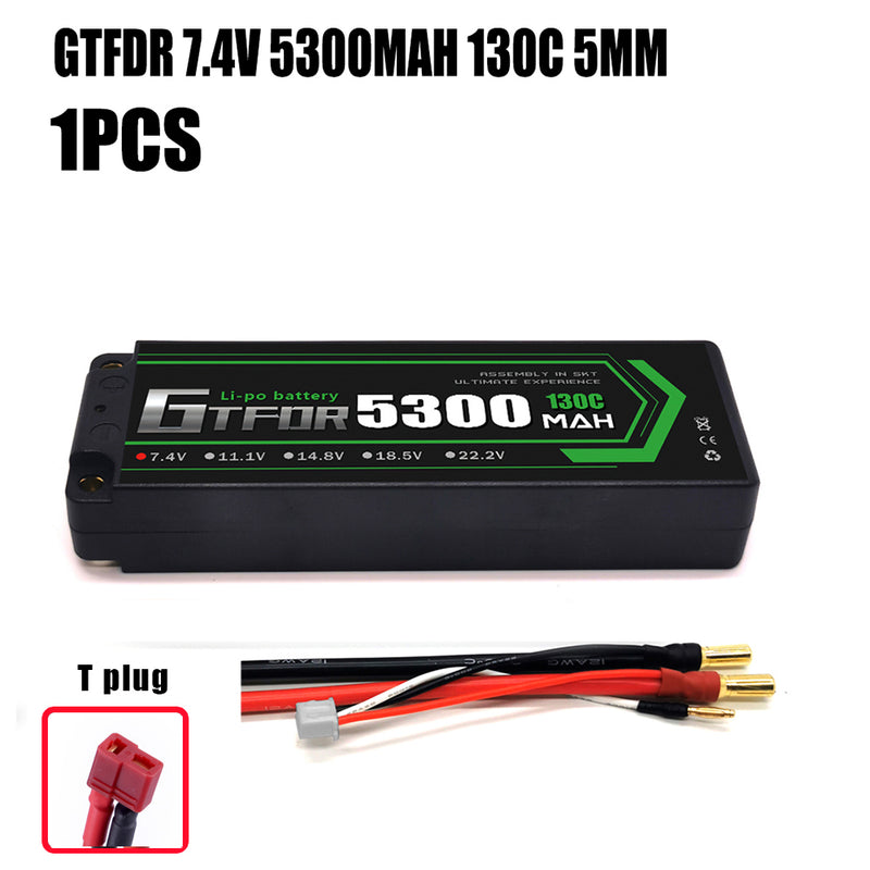 (CN) GTFDR 2S 7.4V Lipo Battery 130C 5300mAh with 5mm Bullet for RC 1/10 1/8 Vehicles Car Truck Tank Truggy Competition Racing Hobby