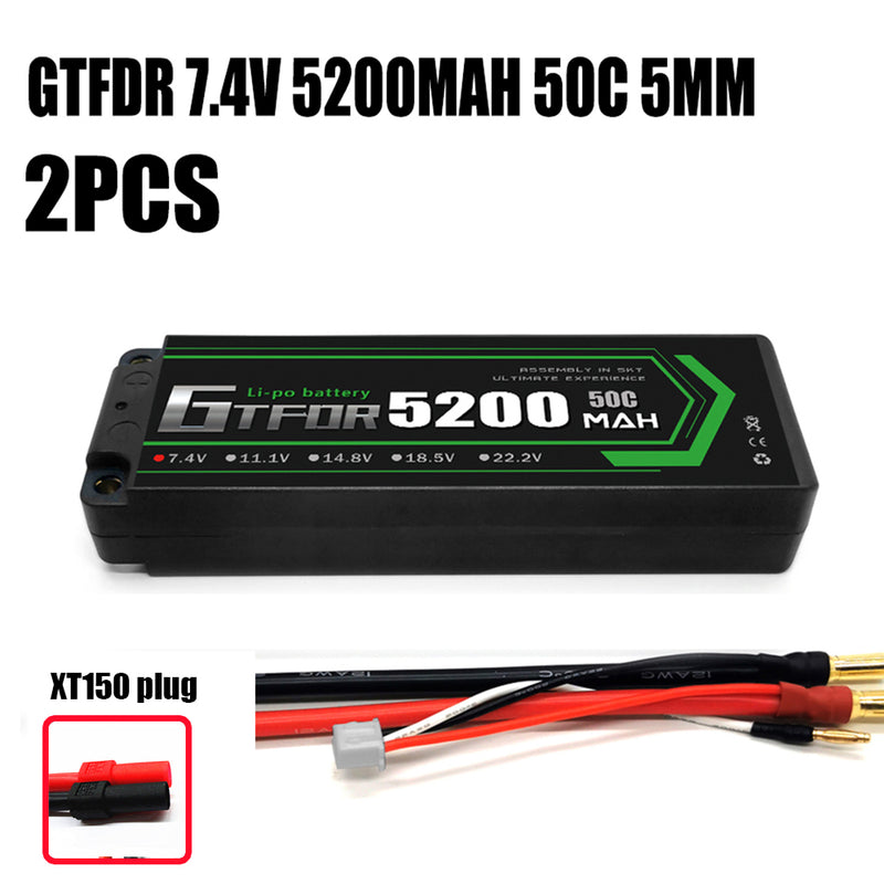 (CN) GTFDR 2S 7.4V Lipo Battery 50C 5200mAh with 5mm Bullet for RC 1/10 1/8 Vehicles Car Truck Tank Truggy Competition Racing Hobby