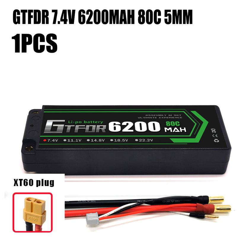 (CN)GTFDR 2S Lipo Battery 6200mAh 7.4V 80C 5mm Hardcase EC5 Plug for RC Buggy Truggy 1/10 Scale Racing Helicopters RC Car Boats