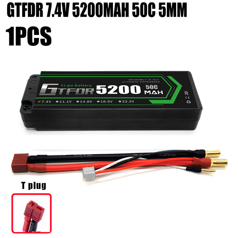 (CN) GTFDR 2S 7.4V Lipo Battery 50C 5200mAh with 5mm Bullet for RC 1/10 1/8 Vehicles Car Truck Tank Truggy Competition Racing Hobby