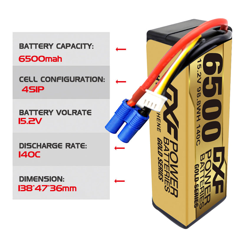 (IT)DXF Lipo Battery 4S 15.2V 6500MAH 140C GoldSeries Graphene lipo Hardcase with EC5 and XT90 Plug for Rc 1/8 1/10 Buggy Truck Car Off-Road Drone