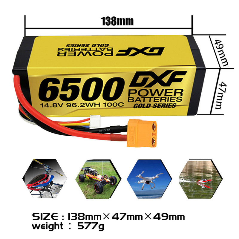 (USA)DXF Lipo Battery 4S 14.8V 6500MAH 100C GoldSeries Graphene lipo Hardcase with EC5 and XT90 Plug for Rc 1/8 1/10 Buggy Truck Car Off-Road Drone