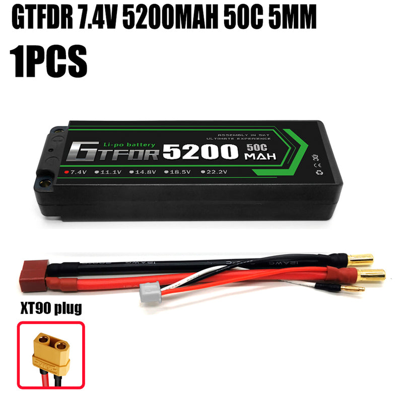 (CN) GTFDR 2S 7.4V Lipo Battery 50C 5200mAh with 5mm Bullet for RC 1/10 1/8 Vehicles Car Truck Tank Truggy Competition Racing Hobby