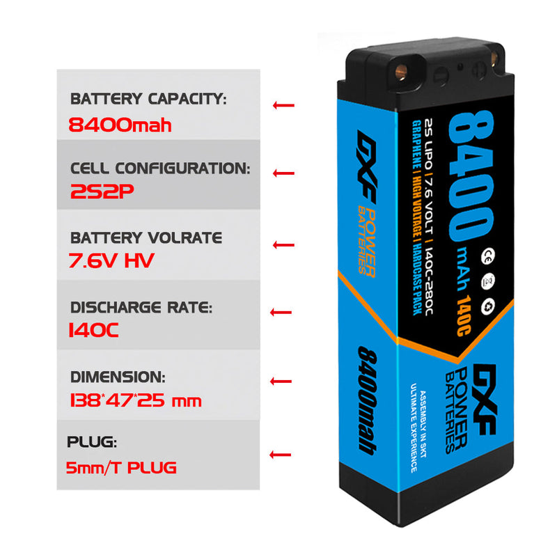 (PL) DXF 2S 7,6 V Lipo-Akku 140 C 8400 mAh mit 5 mm Kugel für RC 1/8 Fahrzeuge, Auto, LKW, Tank, Truggy, Wettbewerb, Rennsport, Hobby 