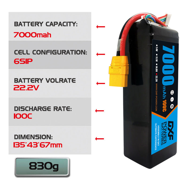 (FR)DXF 6S Lipo Battery 22.2V 100C 7000mAh Soft Case Battery with XT90 Connector for Car Truck Tank RC Buggy Truggy Racing Hobby