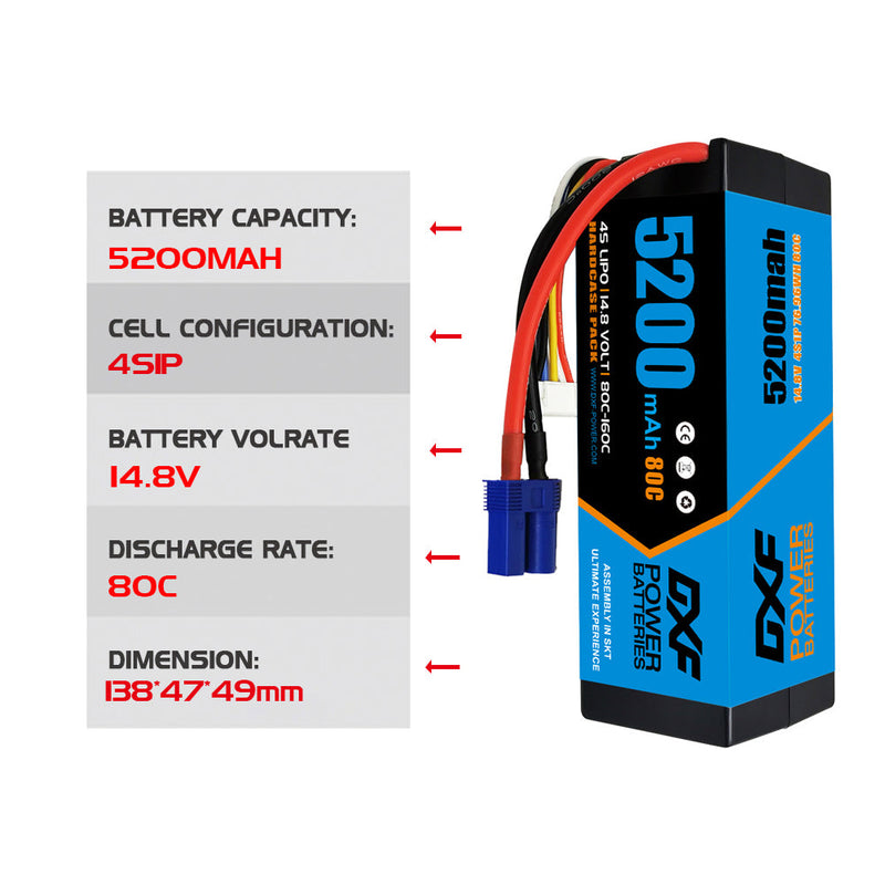 (ES)DXF Lipo Battery 4S 14.8V 5200MAH 80C  lipo Hardcase with  EC5 Plug for Rc 1/8 1/10 Buggy Truck Car Off-Road Drone