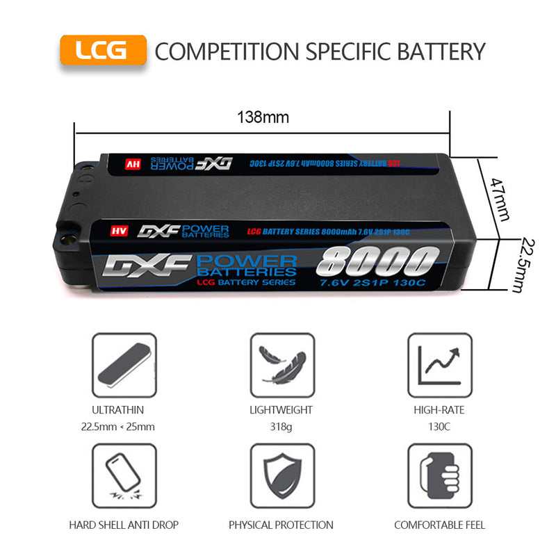 (IT) DXF 2S 7.6V Lipo Battery 140C 8000mAh LCG with 5mm Bullet for RC 1/8 Vehicles Car Truck Tank Truggy Competition Racing Hobby