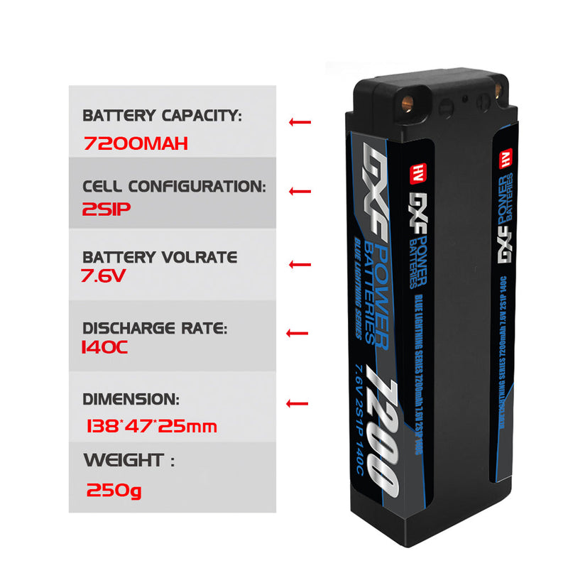 (IT) DXF 2S 7,6 V Lipo-Akku 140 C 7200 mAh LCG mit 5 mm Kugel für RC 1/8 Fahrzeuge, Auto, LKW, Tank, Truggy, Wettbewerb, Rennsport, Hobby 