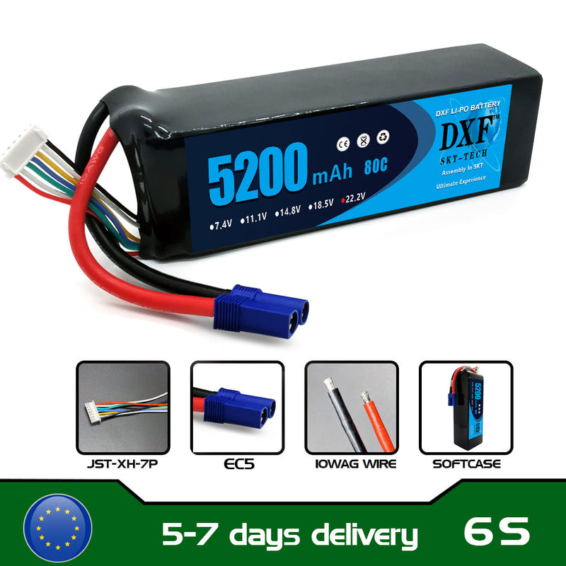 (PL)DXF 6S Lipo Battery 22.2V 80C 5200mAh Soft Case Battery with EC5 XT90 Connector for Car Truck Tank RC Buggy Truggy Racing Hobby