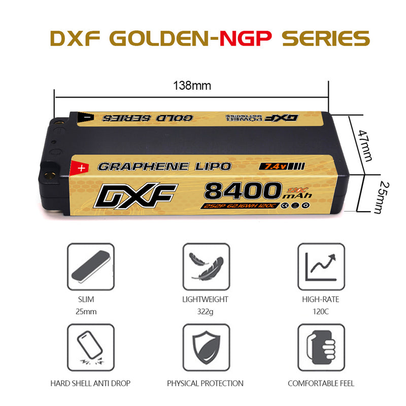 (CN)DXF 5mm 2S 8400mAh 7.4V 120C GOLDEN-NGP Batteria Lipo ad Alta Capacità Hardcase con XT90 Spina per 1:8 Scala RC Auto, Multi-Rotore RC Aeroplano, RC Elicottero, RC Barca