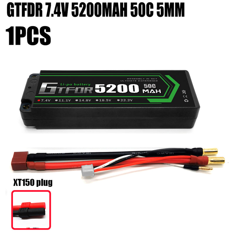 (CN) GTFDR 2S 7.4V Lipo Battery 50C 5200mAh with 5mm Bullet for RC 1/10 1/8 Vehicles Car Truck Tank Truggy Competition Racing Hobby