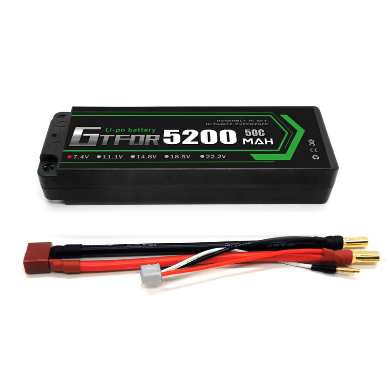 (CN) GTFDR 2S 7.4V Lipo Battery 50C 5200mAh with 5mm Bullet for RC 1/10 1/8 Vehicles Car Truck Tank Truggy Competition Racing Hobby