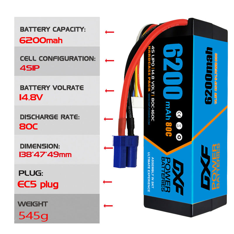 (ES)DXF Lipo Battery 4S 14.8V 6200MAH 80C  lipo Hardcase EC5 Plug for Rc 1/8 1/10 Buggy Truck Car Off-Road Drone