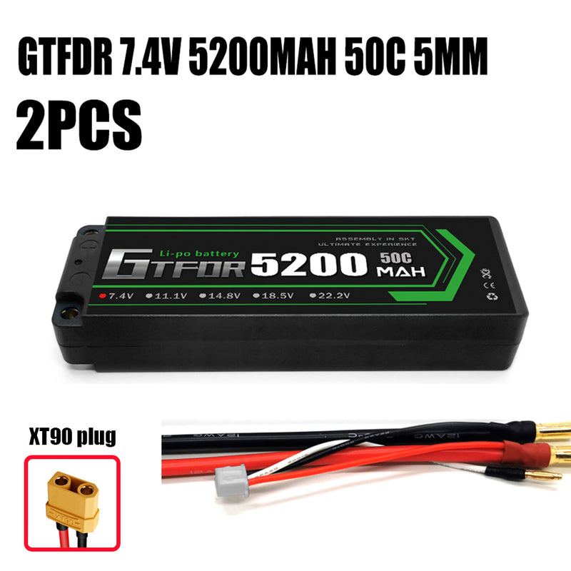 (CN) GTFDR 2S 7.4V Lipo Battery 50C 5200mAh with 5mm Bullet for RC 1/10 1/8 Vehicles Car Truck Tank Truggy Competition Racing Hobby