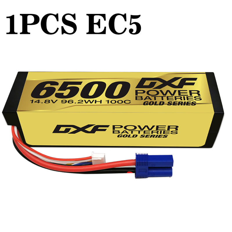 (ES)DXF Lipo Battery 4S 14.8V 6500MAH 100C GoldSeries Graphene lipo Hardcase with EC5 and XT90 Plug for Rc 1/8 1/10 Buggy Truck Car Off-Road Drone