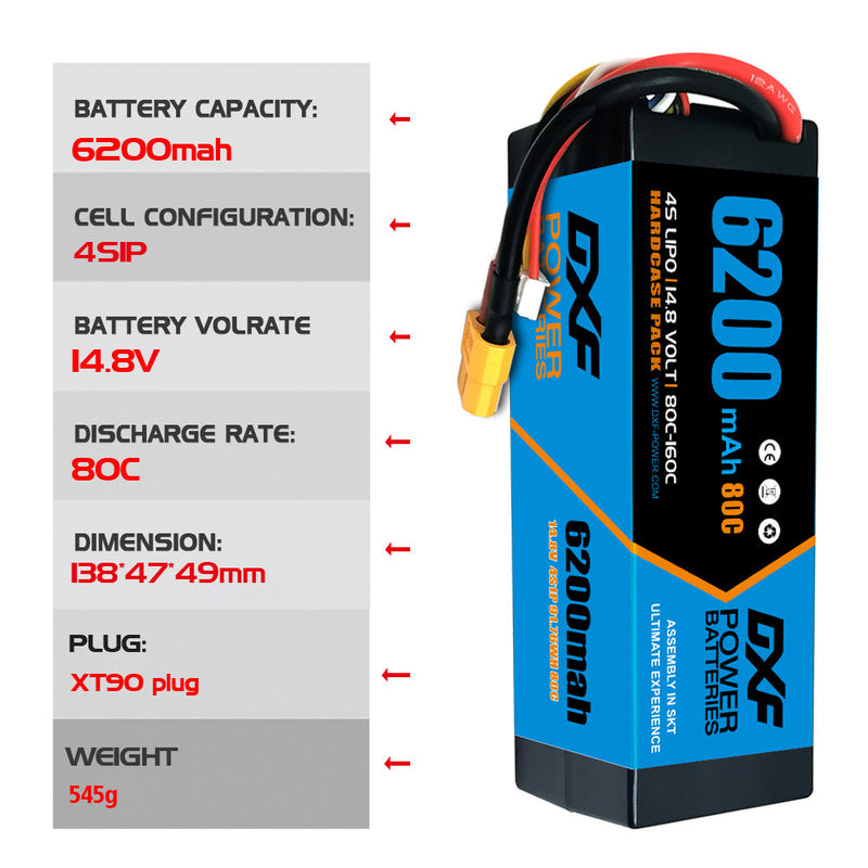 (PL)DXF Lipo Battery 4S 14.8V 6200MAH 80C  lipo Hardcase XT90 Plug for Rc 1/8 1/10 Buggy Truck Car Off-Road Drone