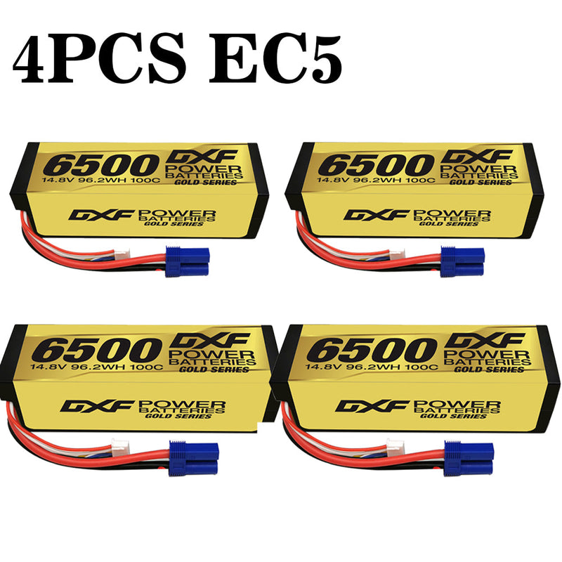 (ES)DXF Lipo Battery 4S 14.8V 6500MAH 100C GoldSeries Graphene lipo Hardcase with EC5 and XT90 Plug for Rc 1/8 1/10 Buggy Truck Car Off-Road Drone