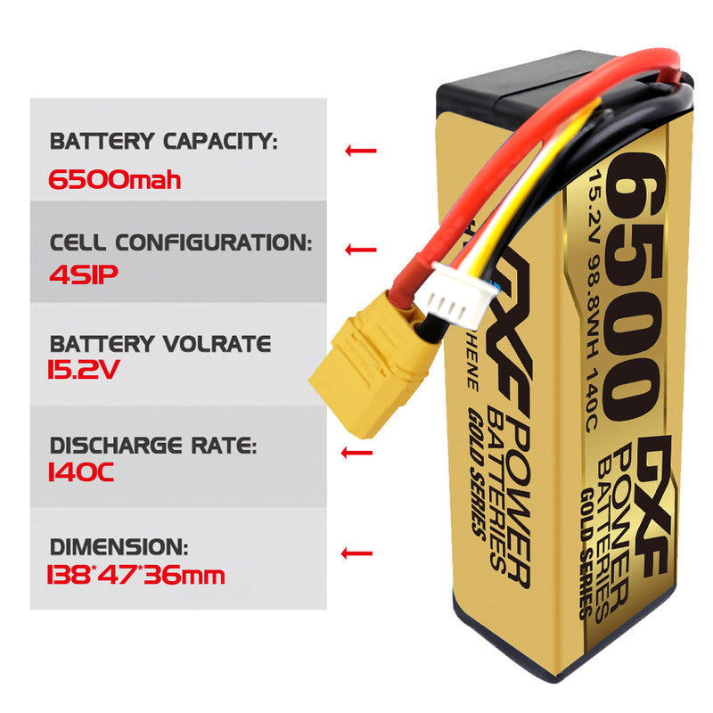 (PL)DXF Lipo Batterie 4S 15,2V 6500MAH 140C GoldSeries Graphene Lipo Hardcase mit EC5 und XT90 Stecker für Rc 1/8 1/10 Buggy Truck Car Off-Road Drohne 