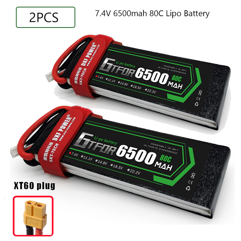 (CN)GTFDR 2S Lipo Battery 7.4V 80C 6500mAh Soft Case Battery with EC5 XT90 Connector for Car Truck Tank RC Buggy Truggy Racing Hobby