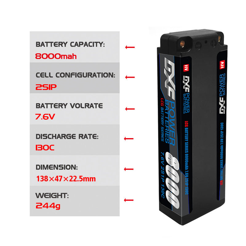 (IT) DXF 2S 7,6 V Lipo-Akku 140 C 8000 mAh LCG mit 5 mm Kugel für RC 1/8 Fahrzeuge, Auto, LKW, Tank, Truggy, Wettbewerb, Rennsport, Hobby 