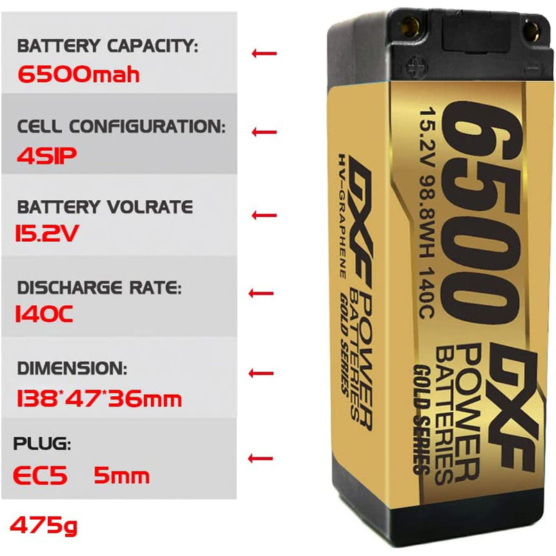 (GE)DXF Lipo Battery 4S 15.2V 6500MAH 140C GoldSeries  LCG 5MM Graphene lipo Hardcase with EC5 and XT90 Plug for Rc 1/8 1/10 Buggy Truck Car Off-Road Drone