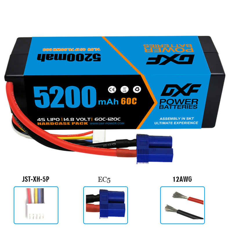 (USA)DXF Lipo Battery 4S 14.8V 5200mAh 60C/120C HardCase Lipo Battery for RC HPI HSP 1/8 1/10 Buggy RC Car Truck