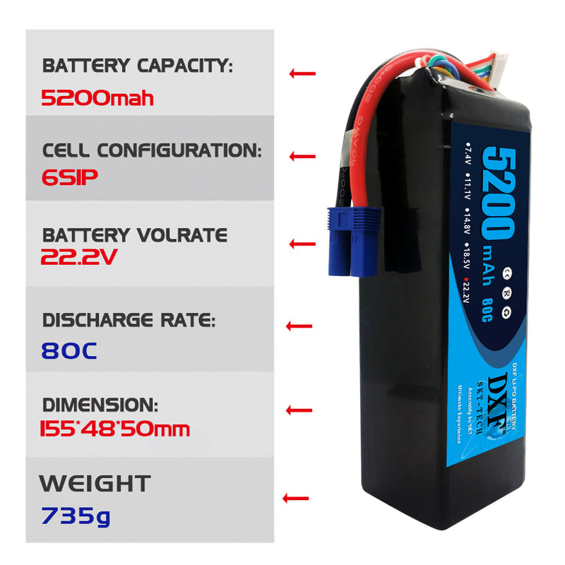 (PL)DXF 6S Lipo Battery 22.2V 80C 5200mAh Soft Case Battery with EC5 XT90 Connector for Car Truck Tank RC Buggy Truggy Racing Hobby