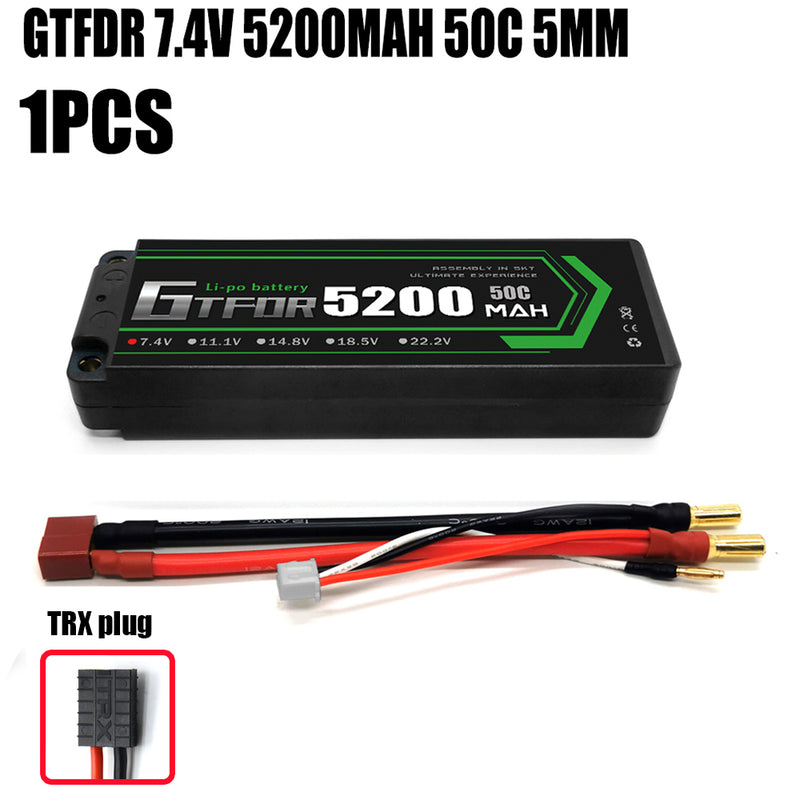 (CN) GTFDR 2S 7.4V Lipo Battery 50C 5200mAh with 5mm Bullet for RC 1/10 1/8 Vehicles Car Truck Tank Truggy Competition Racing Hobby