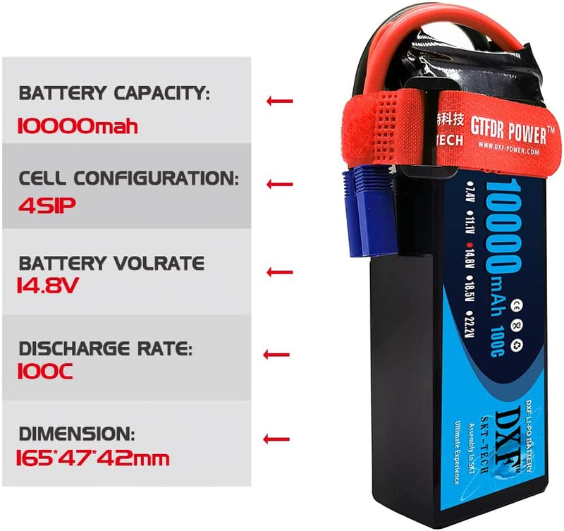 (ES)DXF 4S Lipo Battery 14.8V 10000mAh 100C 200C Deans/T XT90 EC5 for RC 1/8 1/10 Car Truck Tank Models XXMAX 8S Arrama