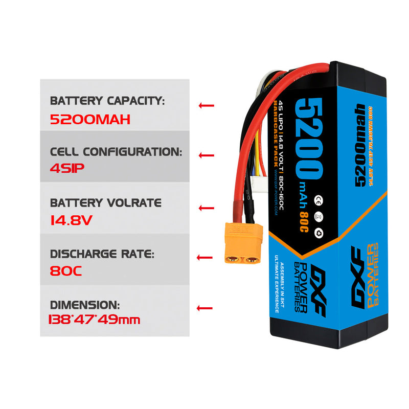 (PL)DXF Lipo Battery 4S 14.8V 5200MAH 80C  lipo Hardcase with  XT90 Plug for Rc 1/8 1/10 Buggy Truck Car Off-Road Drone