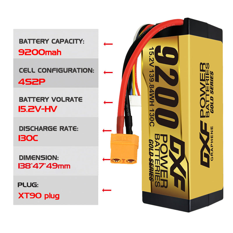 (UK)DXF High Voltage 4S 9200 mAh 15,2 V 130C Lipo-Akku mit hoher Kapazität im Hardcase mit XT90 Spin für 1:8 Scala RC Auto, Multi-Rotor RC Aeroplano, RC Elicottero, RC Barca 