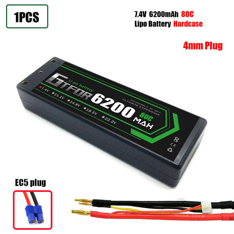 (CN)GTFDR 2S Lipo Battery 6200mAh 7.4V 80C 4mm Hardcase EC5 Plug for RC Buggy Truggy 1/10 Scale Racing Helicopters RC Car Boats